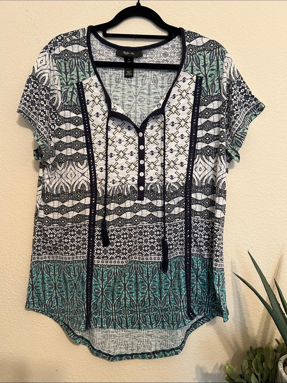 Style & Co. Teal, Navy and White Printed Short Sleeve Henley Tunic
